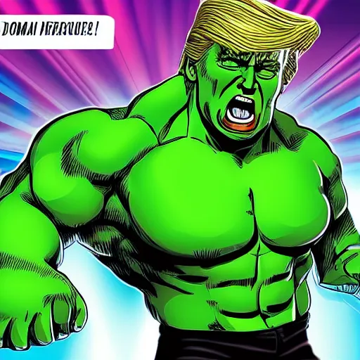 Prompt: Donald Trump as the incredible Hulk. Anime style. Detailed face. Dramatisch lights.