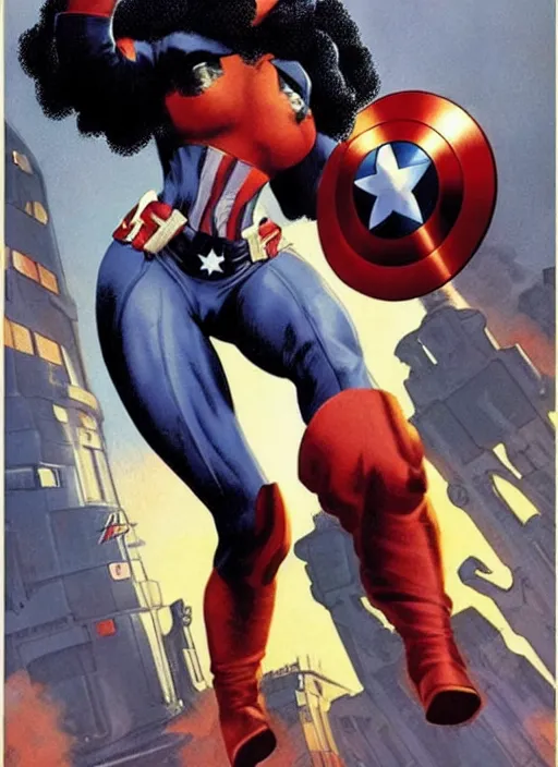 Image similar to beautiful black female captain america. afro - feminist captain america wins wwii. american wwii propaganda poster by james gurney, rob liefeld and pixar. gorgeous face. overwatch, realistic. black power