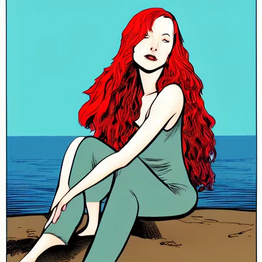 Image similar to a beautiful comic book illustration of a woman with long red hair sitting near a lake at night by dave gibbons, featured on artstation