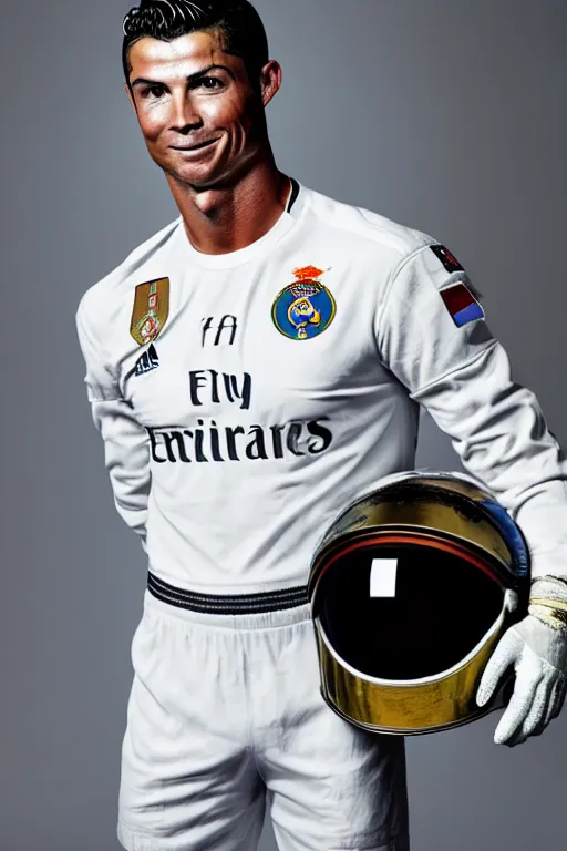 Image similar to portrait of cristiano ronaldo with astronaut armor and helmet, majestic, solemn