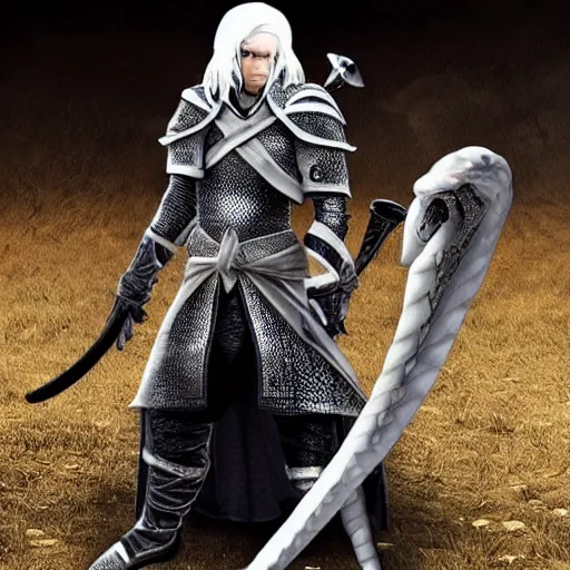 Prompt: a white - haired snake soldier, inspired by dark souls
