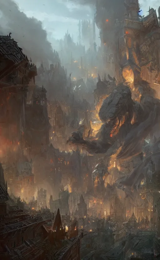 Image similar to a beautiful artwork illustration, a giant monster stepping on a medieval village, destruction, by Greg Rutkowski and Jesper Ejsing and Raymond Swanland, featured on artstation, wide angle, vertical orientation