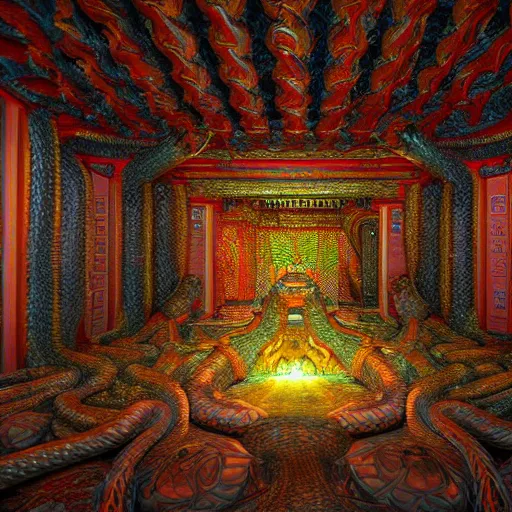 Prompt: Photorealistic inside a temple made of snakes. Hyperdetailed photorealism, 108 megapixels, amazing depth, glowing rich colors, powerful imagery, psychedelic Overtones, 4D, 3D Shading, 3D Cinematic Lighting, Finalrender, Artstation concept art