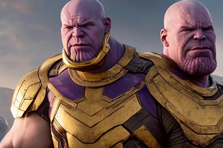 Prompt: promotional image of bald Bjork as Thanos in Avengers: Endgame (2019), purple skin color, golden plate armor, stern expression, movie still frame, promotional image, imax 70 mm footage
