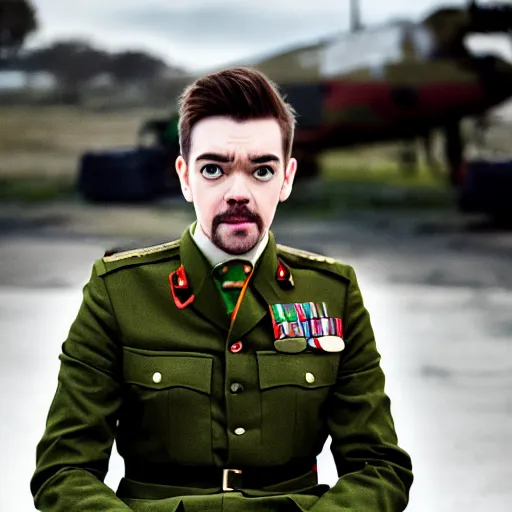 Image similar to Jacksepticeye wearing an Irish Military uniform, photorealistic, cinematic lighting, shot on iphone