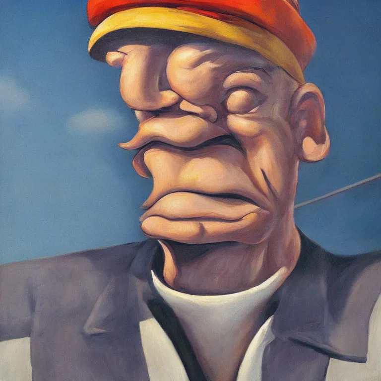 Image similar to Street-art portrait of Popeye the Sailor in style Edward Hopper, photorealism