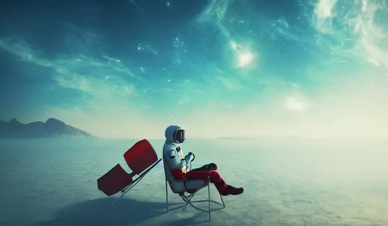 Image similar to astronaut floating in space sitting in a beach chair hopelessly, close shot, 8k, cinematic, epic, ultra detailed, award winning, trending on artstationHD, dramatic