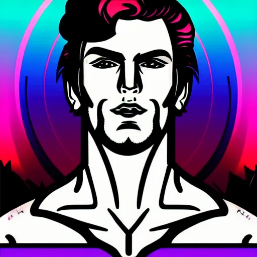 Image similar to a portrait of tattooed the beautiful greek god adonis, in retro colors, synthwave style, 2 d digital vector art