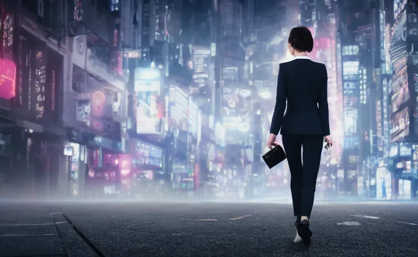 Image similar to a wide shot of a woman with a wool suit, very short hair, blurred face, wearing an omega speedmaster on her wrist in front of a crowded dystopian city full of people walking at night with fog and cyberpunk lights