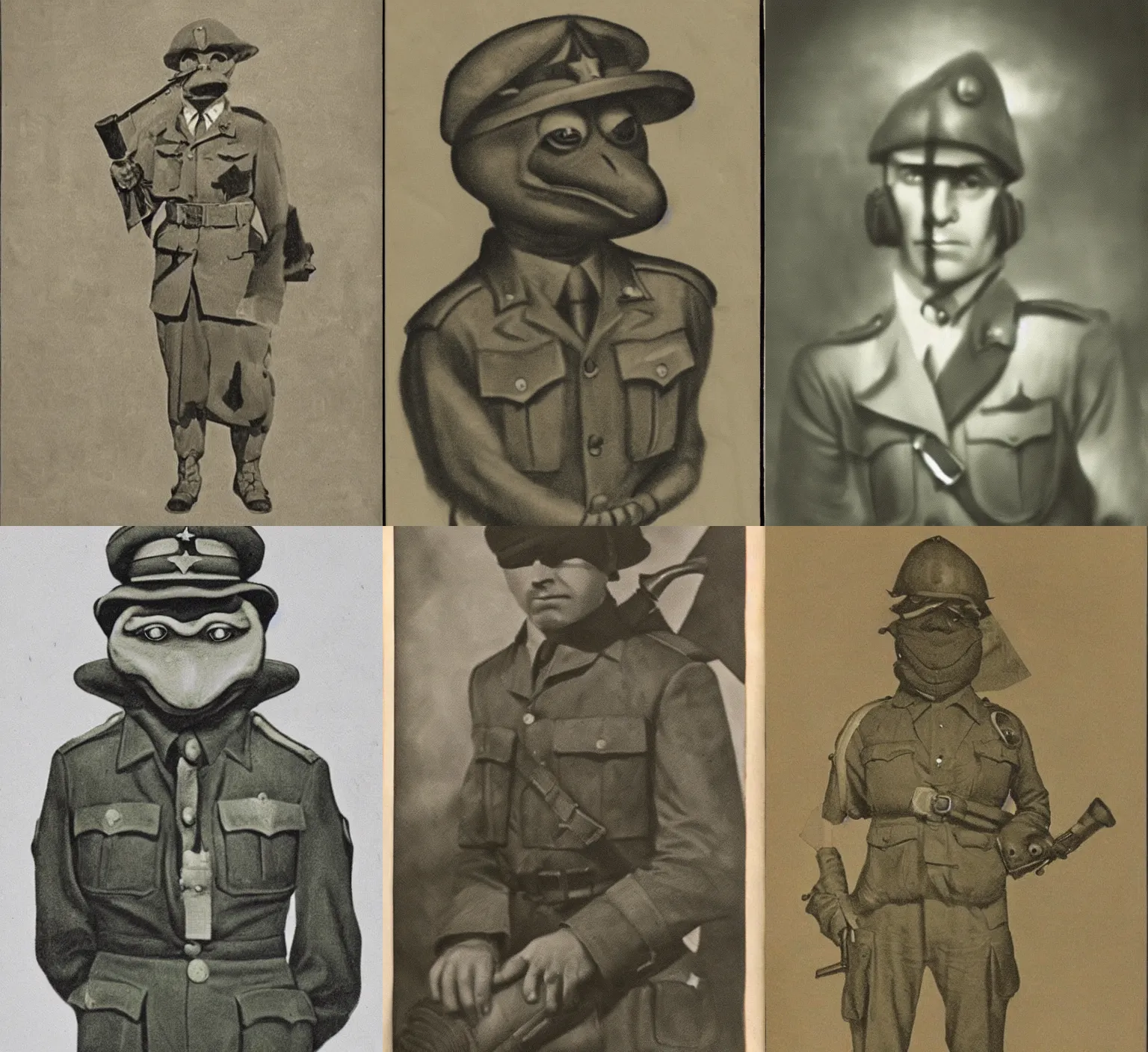 Prompt: grainy 1940’s WWII military portrait of an anthropomorphic frog dresses like a soldier, professional portrait HD, frog, frog head, authentic