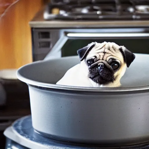 Prompt: An adorable pug sitting in a pot of water atop a stove, high resolution photograph