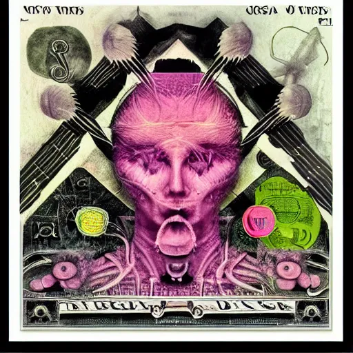 Image similar to post - punk new age album cover, asymmetrical design, frame of a dollar bank notes, capitalism, magic, apocalypse, psychedelic, black white pink, magic, giger h. r., giuseppe arcimboldo