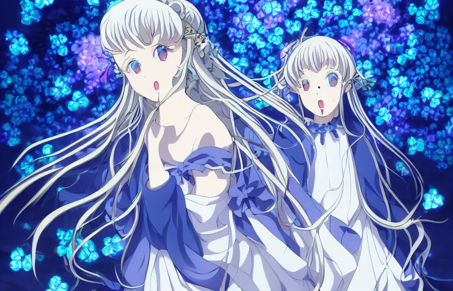 Image similar to Illyasviel ghibli clover | Big Moon at Blue Night | bioluminescent blue FLOWERS | strong blue rimlit | visual-key | anime illustration | highly detailed High resolution | Light Novel | Visual Novel | Gosick