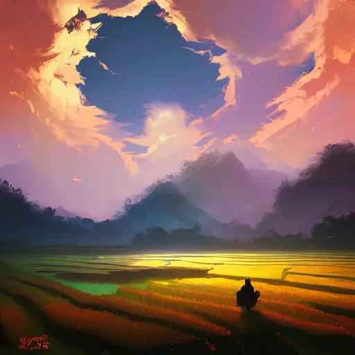 Image similar to beautiful scenery of a ricefield, by anato finnstark, by alena aenami, by john harris, by ross tran, by wlop, by andreas rocha