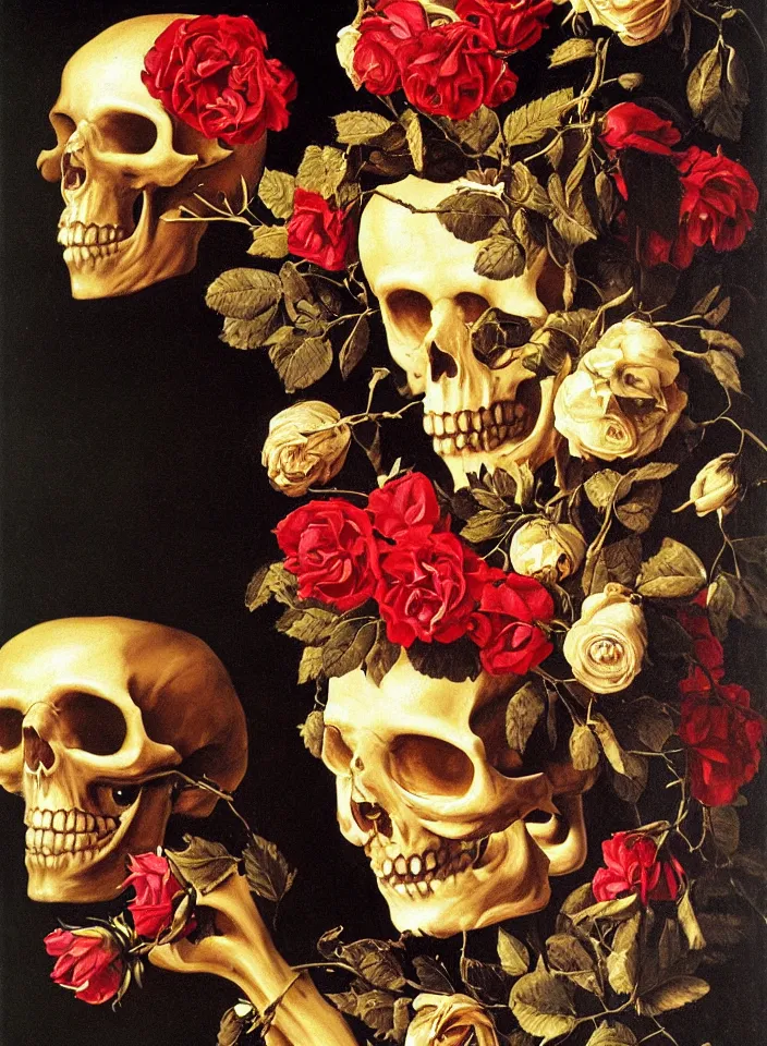 Prompt: portrait of a snakes and golden skull with a wreath of roses and a dress of rose petals, oil painting in a renaissance style , very detailed, painted by Caravaggio.