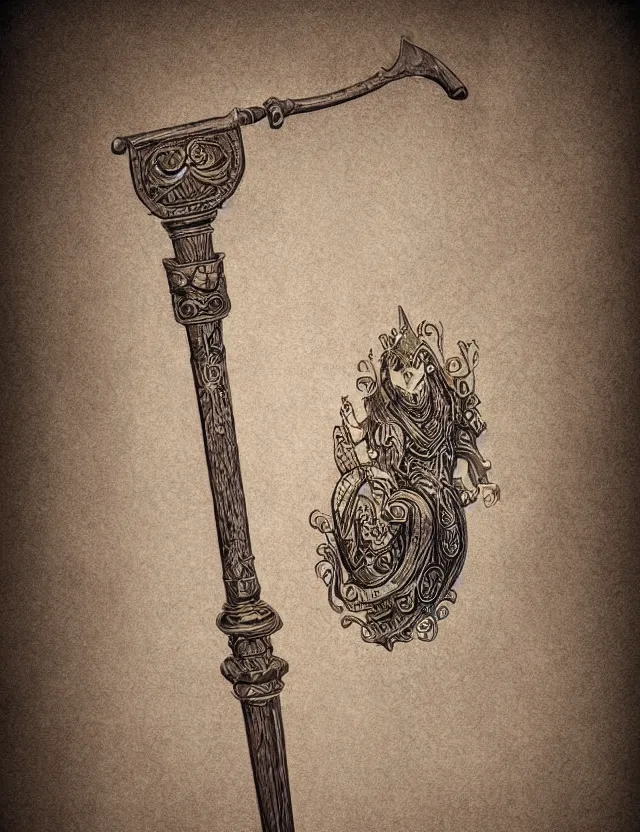 Image similar to an ornate wooden staff, fantasy illustration, medieval era, blank background, studio lighting, hand - drawn digital art, medium shot