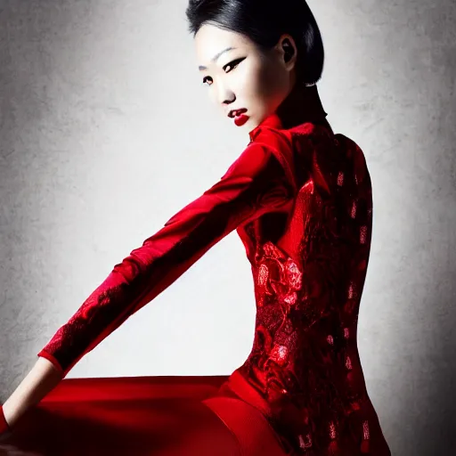 Image similar to vogue fashion model portrait asian woman, black and red, elegant