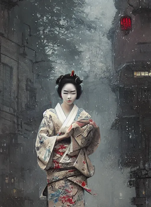 Image similar to female geisha girl, beautiful face, rule of thirds, intricate outfit, spotlight, trypophobia, by greg rutkowski, by jeremy mann