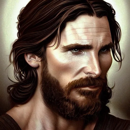 Image similar to portrait of Christian Bale as Jesus, holy, intricate, headshot, highly detailed, digital painting, artstation, concept art, sharp focus, illustration, art by artgerm and greg rutkowski and alphonse mucha