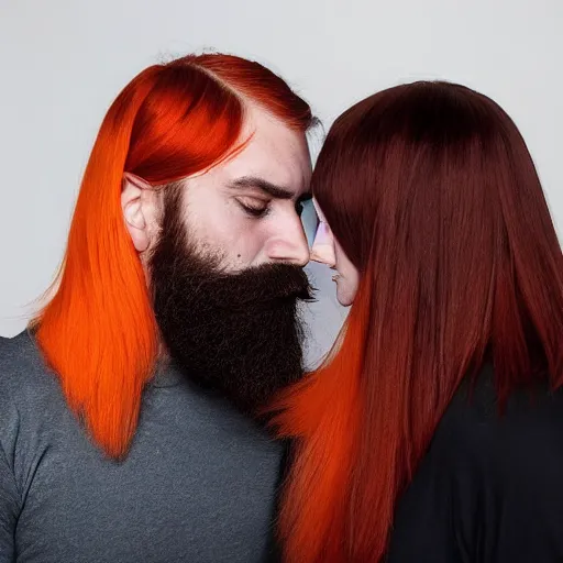 Image similar to a man with a dark well groomed beard gently slapping an attractive woman with straight red orange hair in the face with a lizard