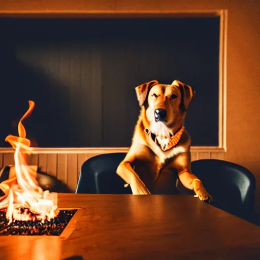 Prompt: a photograph of an humanlike relaxed dog in his house, sitting at a table, ☕ on the table, room is on fire, surrounded by flames, a lot of flames, smoke under the ceiling