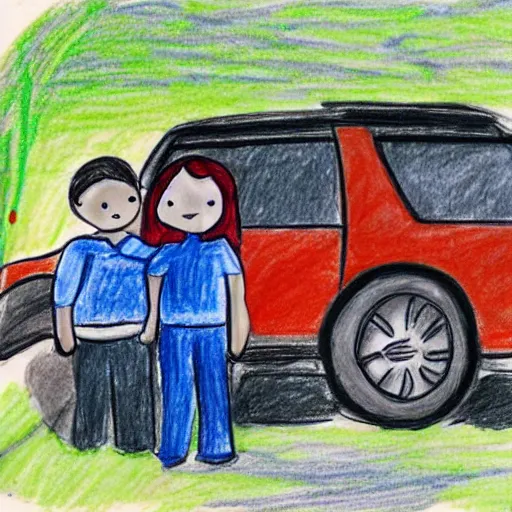 Image similar to a todler's drawing of a family and their suv