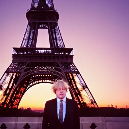 Prompt: boris johnson poses in front of the Eiffel tower at sunset, taken on hasselblad 500c, cinestill 800t