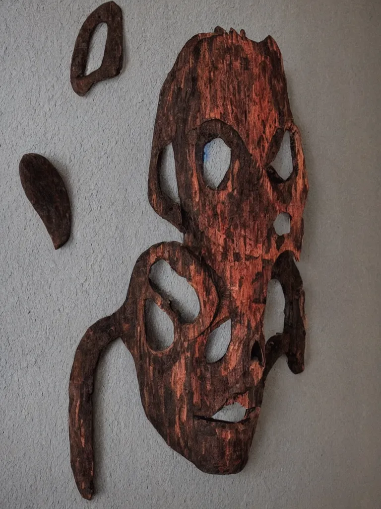 Prompt: creepy haunted mask hung on an art gallery wall. hand made out of wood and stained