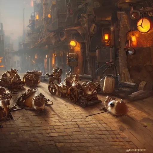 Image similar to oil painting of many hamsters with guns, steampunk clothes, steampunk city background, sharp focus, fantasy style, octane render, volumetric lighting, 8k high definition, by greg rutkowski, highly detailed, trending on art Station, dungeons and dragons artwork, centered