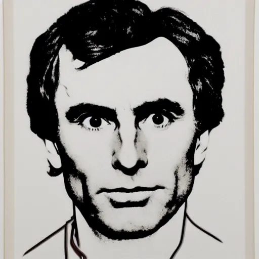 Image similar to individual silk screen portrait of ted bundy by andy warhol