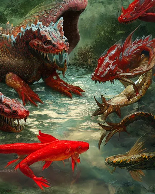 Image similar to game character beautiful giant kaiju sized pond dragon half fish half salamander, wet amphibious skin, red salamander, axolotl creature, koi pond, korean village by Ruan Jia and Gil Elvgren, fullbody