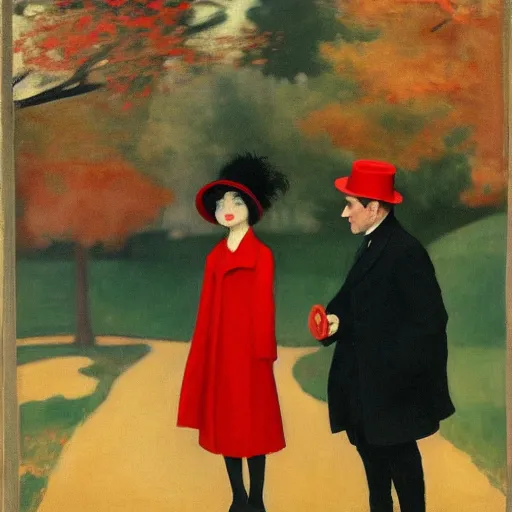 Prompt: a thin man in a black coat and bowler hat talks with small young girl who is dressed in a red coat and a red hat, park, autumn, 1923, wide angle, high detail, in style of edouard manet, 8k, width 768