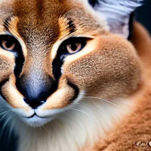 Image similar to a photo of cute fluffy caracal wearing toga, close up portrait, studio photography, 8 k