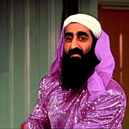 Image similar to A still of Osama Bin Laden wearing a disco suit in Saturday Night Fever