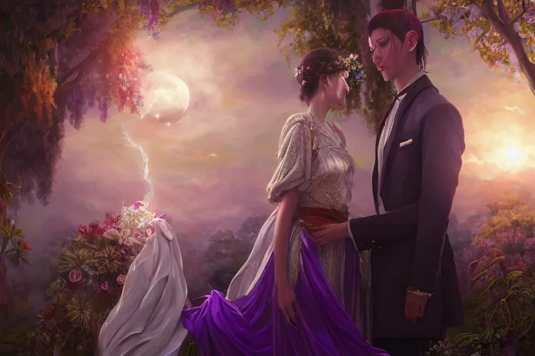 Image similar to a dreamlike cinematic portrait of wedding photograph close up moment of a divine a russia sun god and moon goddess lovers magician at a wedding banquet. portraiture. digital painting. artstation. concept art. fantasy wedding photo. digital painting, 8 k realistic, hyper detailed, violet evergarden art masterpiece by art by krenz cushart