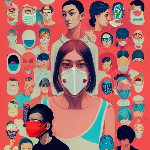 Prompt: portrait of people with sanitary mask, Tristan Eaton, artgerm, Victo Ngai, RHADS, ross draws