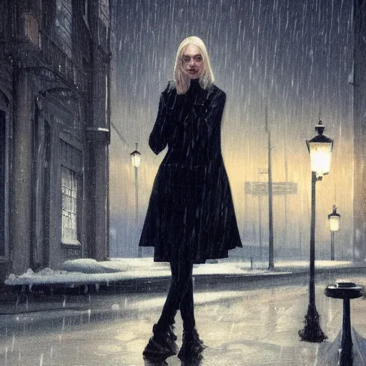 Image similar to Elle Fanning in Vampire Masquerade in the world of Edward Hopper, stormy snowy weather, streetlights, extremely detailed masterpiece, oil on canvas, low-key neon lighting, artstation, Blade Runner 2049, Roger Deakin’s cinematography, by J. C. Leyendecker and Peter Paul Rubens,