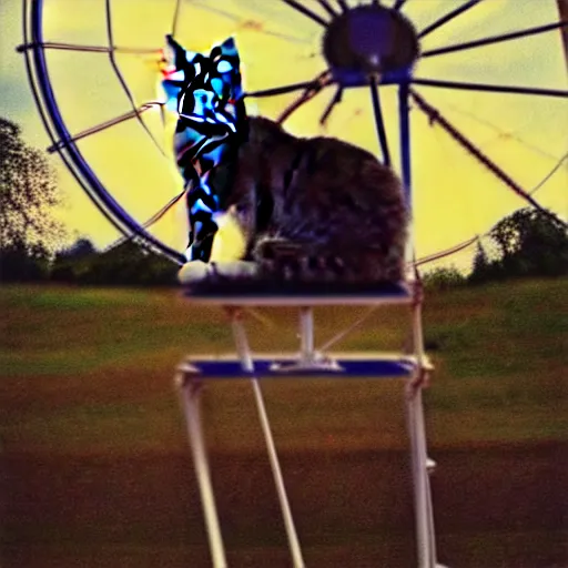 Image similar to !!! cat!!!, ( ferris wheel ), feline, sitting, riding, award winning photo, nikon, realistic,