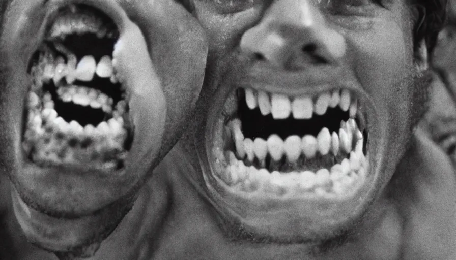 Prompt: 70s movie still of a man yelling with trypophobia teeth, eastmancolor, heavy grain, high quality, higly detailed, liminal space