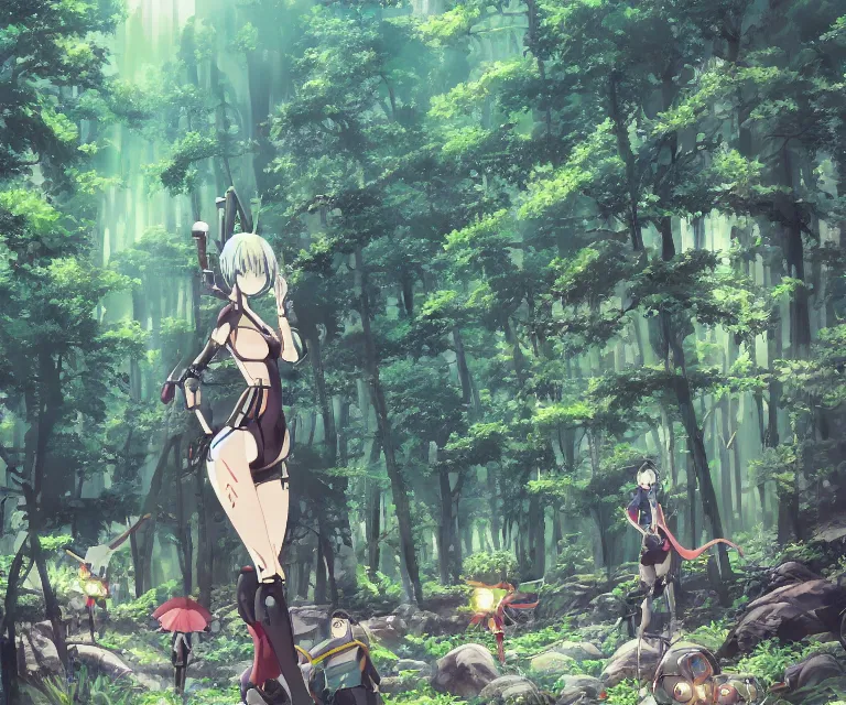 Image similar to robot in a forest, anime fantasy illustration by tomoyuki yamasaki, kyoto studio, madhouse, ufotable, comixwave films, trending on artstation