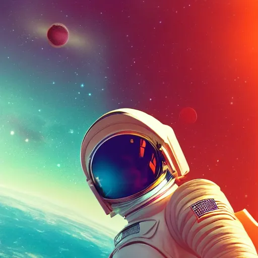 Image similar to a wide angle shot from below of a female astronaut with an athletic feminine body walking with swagger towards camera on mars in an infinite universe, synthwave digital art