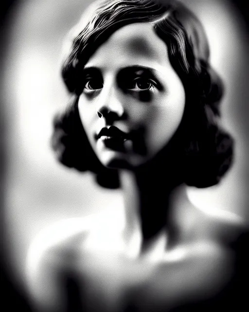 Image similar to tintype black and white dreamy young beautiful female artificial intelligence, metropolis, cinematic, rim light, bokeh, photo - realistic, elegant, high detail, 8 k, masterpiece, photo taken in 1 9 3 0