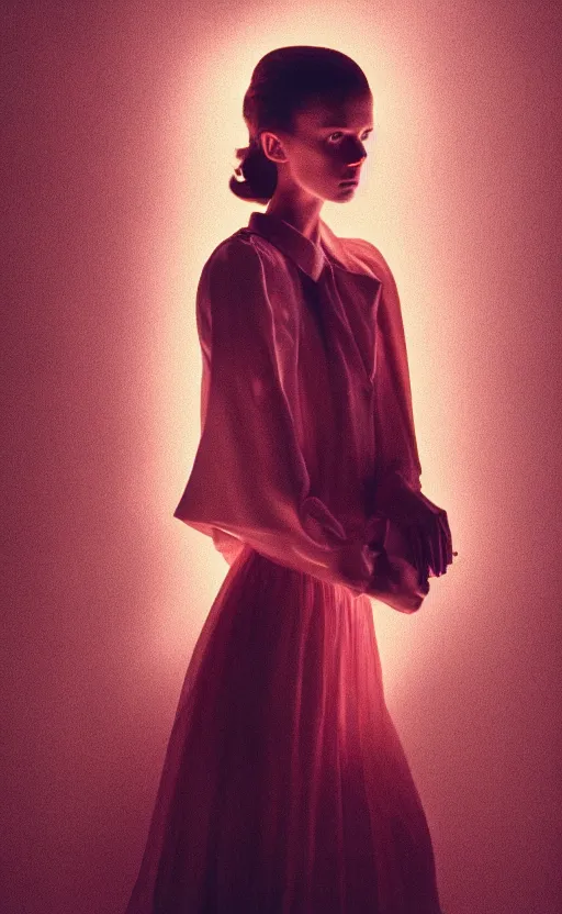 Image similar to fashion photography of a woman wearing an outfit inspired by stranger things ( 2 0 1 6 ), artistic photography, cinematic lighting, insanely detailed, chiaroscuro, cinestill 8 0 0 t, vogue magazine