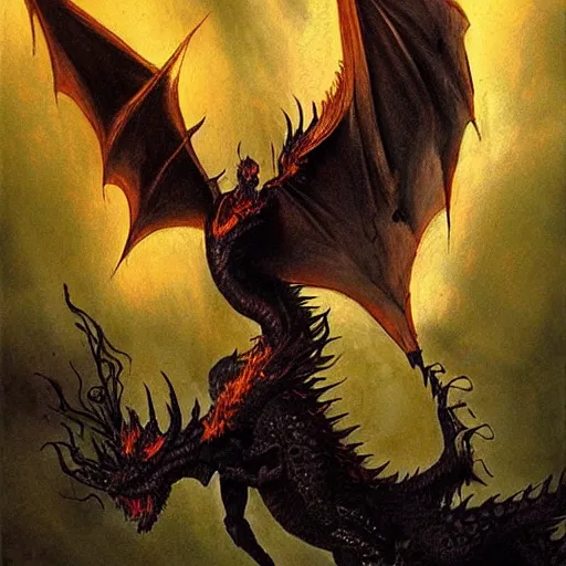 Prompt: A flying black dragon roaring fire, high fantasy, 4k, in the style of John Howe