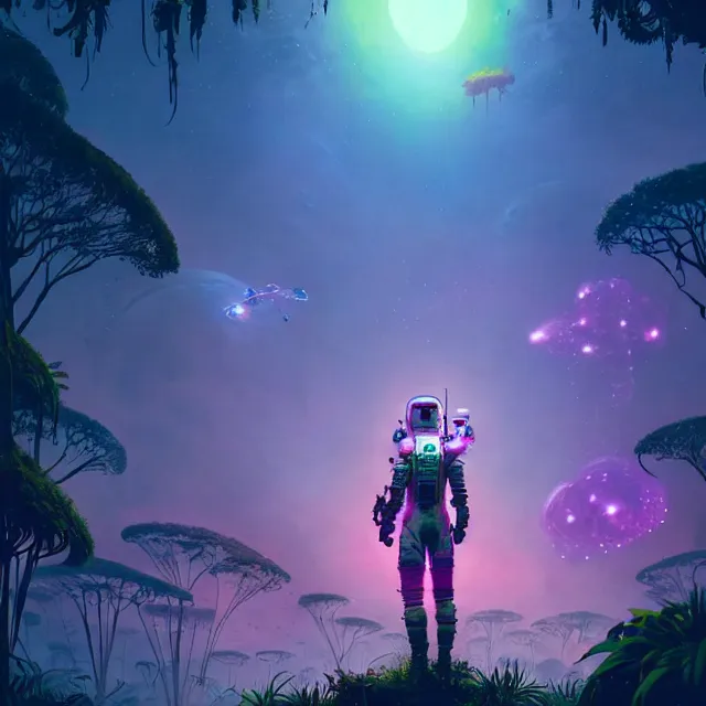 Image similar to an astronaut with a skull head, surrounded by bio - luminescent, glowing peaceful serene sentient solarpunk, plants, fauna, deep jungle. in the style of horizon zero dawn, scattered glowing pink fireflies, by greg rutkowski, beeple, sharp focus, digital painting, concept art