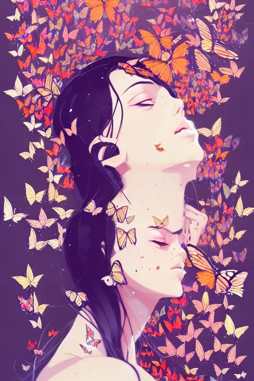 Prompt: a ultradetailed beautiful painting of a stylish woman surrounded by butterflies, by conrad roset, greg rutkowski and makoto shinkai trending on artstation