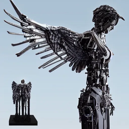 Prompt: a scenic view of an android angel statue made with mechanical scrap and humanoid parts, detailed, super realistic, texturized