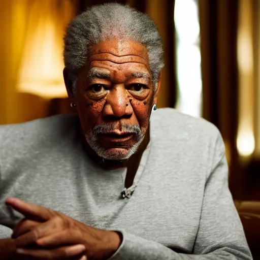 Image similar to a cinematic film still of Morgan Freeman starring as Jay-Z, portrait, 40mm lens, shallow depth of field, close up, split lighting, cinematic