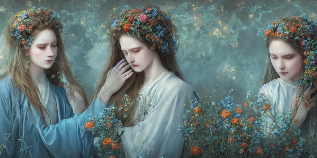 Image similar to breathtaking detailed concept art painting of two hugs goddesses of light blue flowers, carroty hair, orthodox saint, with anxious piercing eyes, ornate background, amalgamation of leaves and flowers, by hsiao - ron cheng, extremely moody lighting, 8 k