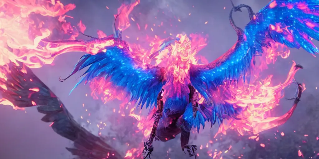 Image similar to pink and blue flaming phoenix, unreal engine 5, intricate, detailed, realistic